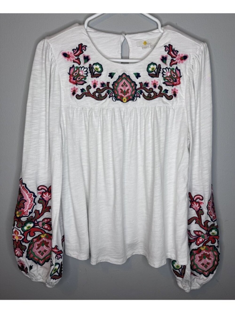 Boden Embroidered Blouson Jersey Top White Long Sleeve US 8